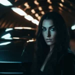 Cinematic shot of a fierce woman in black with flowing hair, standing in front of a black Lamborghini in a tunnel.