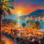 Vibrant scene of dancing people against a backdrop of the Turkish Riviera, palm trees, and a serene coastline, illuminated by multicolored lights.