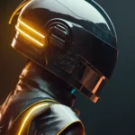 Artist wearing helmet with neon lights in Vray-traced outrun style.