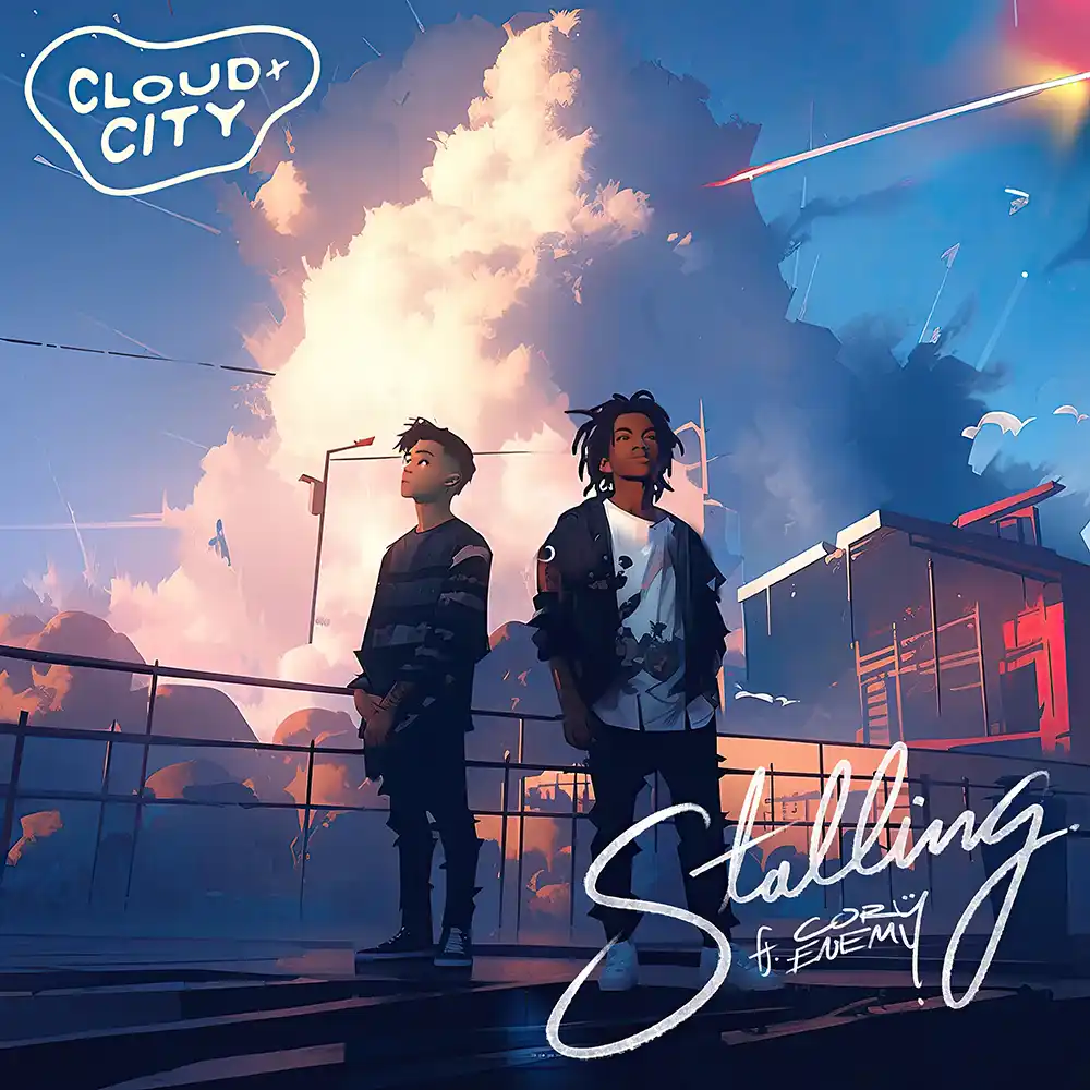 Cartoon-style cover of "Stalling" by CLOUDxCITY, featuring Enjel and TAS.