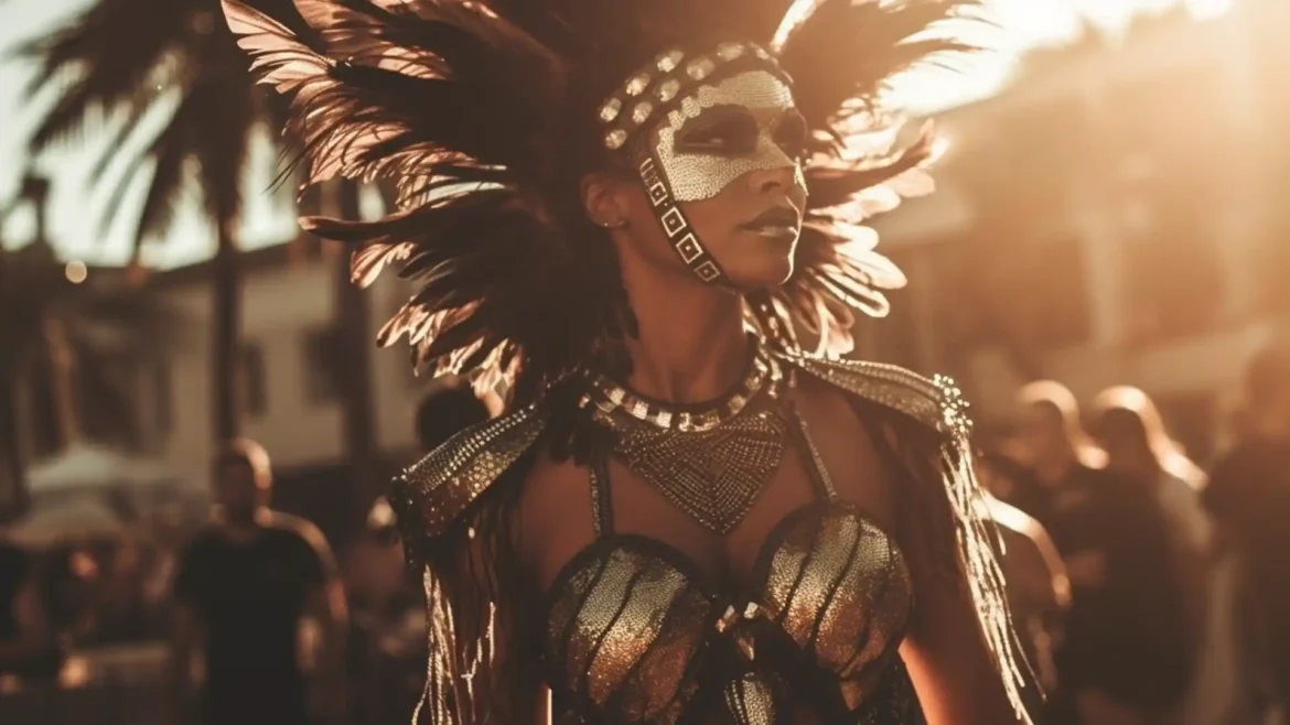 Vibrant Latin dancer at festival adorned in feathers and costume