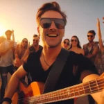 Bass player grooving on the beach with summer vibes in the background