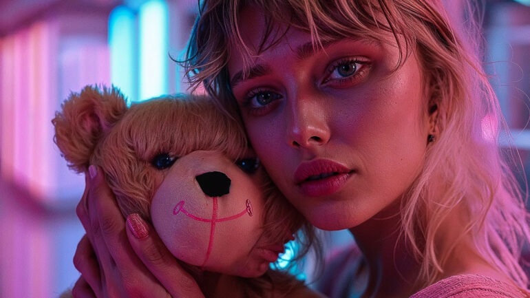 A young woman with blonde hair holding a teddy bear, with neon lights in the background.