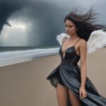 A woman with white angel wings in a black dress walking on a beach with a tornado in the background.