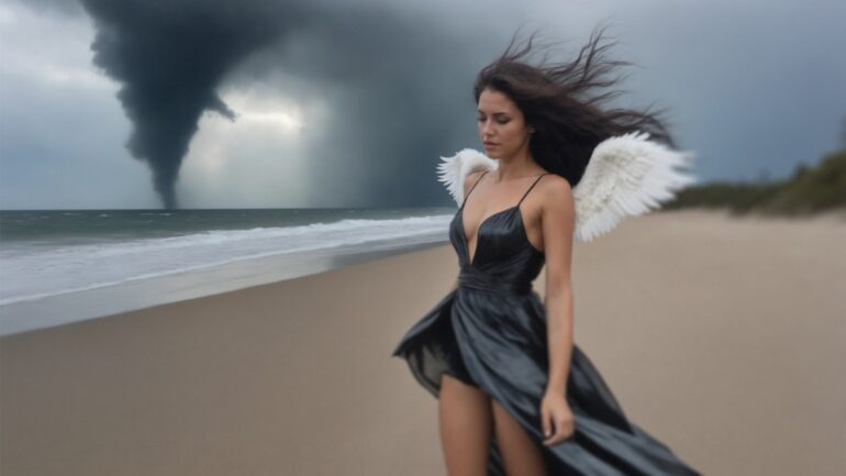 A woman with white angel wings in a black dress walking on a beach with a tornado in the background.