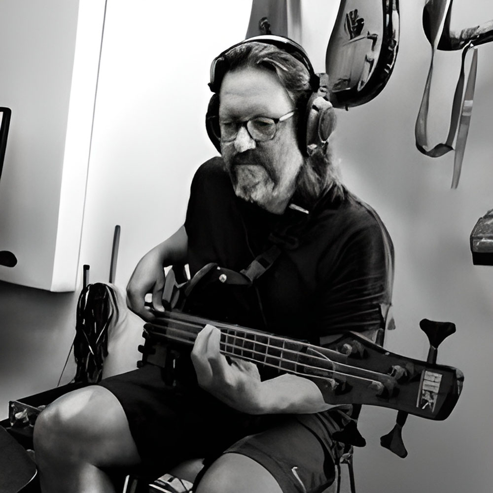 Leif Johansen playing bass guitar in the studio