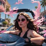 Cover art for Yurmista's single "Whoop," featuring a woman driving a convertible with pink flames.