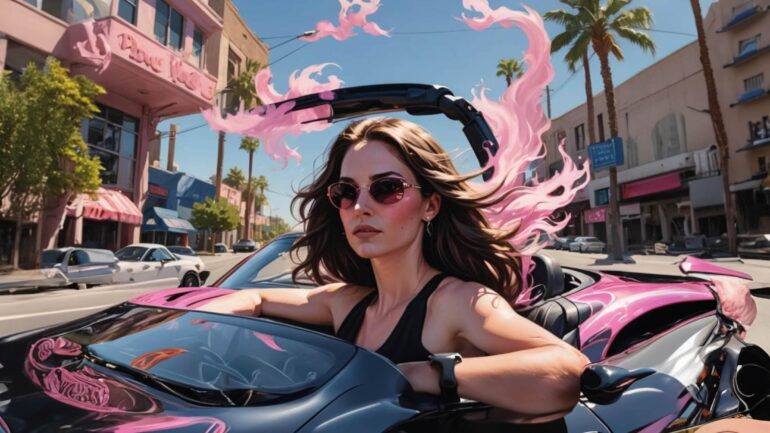 Cover art for Yurmista's single "Whoop," featuring a woman driving a convertible with pink flames.