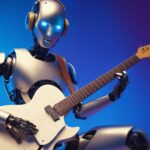 A robotic figure wearing headphones playing a guitar against a blue background, representing AI's involvement in music production.