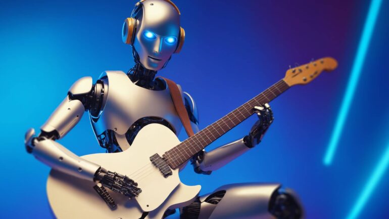 A robotic figure wearing headphones playing a guitar against a blue background, representing AI's involvement in music production.