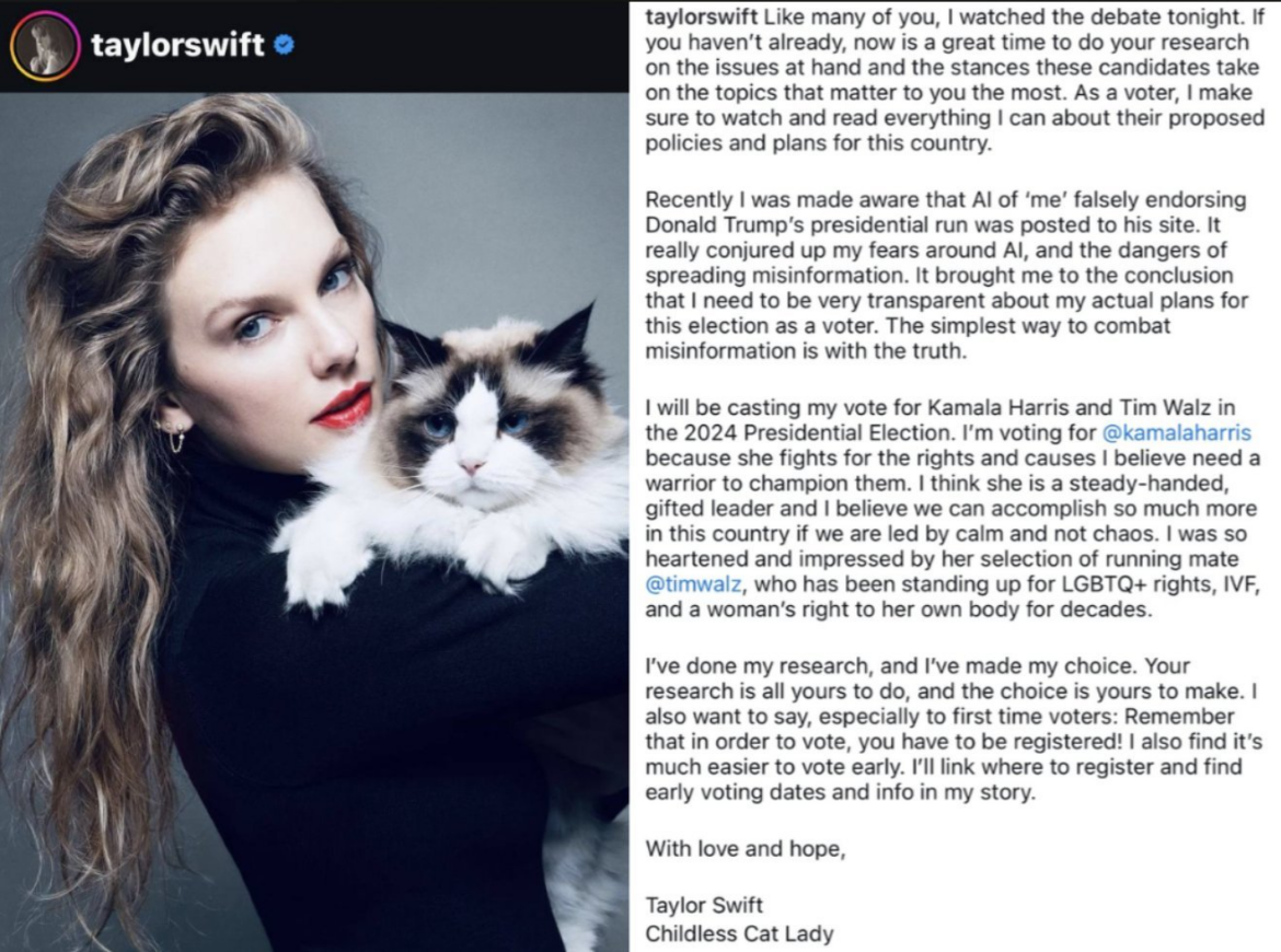 Taylor Swift holding a fluffy white and brown cat, with a serious expression, next to a caption where she discusses her endorsement of Kamala Harris for the 2024 Presidential Election.