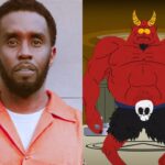 A split image featuring Sean "Diddy" Combs wearing an orange prison jumpsuit on one side, and a cartoon depiction of Satan from South Park on the other, with bold text reading "Predicted? South Park Mocked Diddy in 2006, But Was It a Warning?"