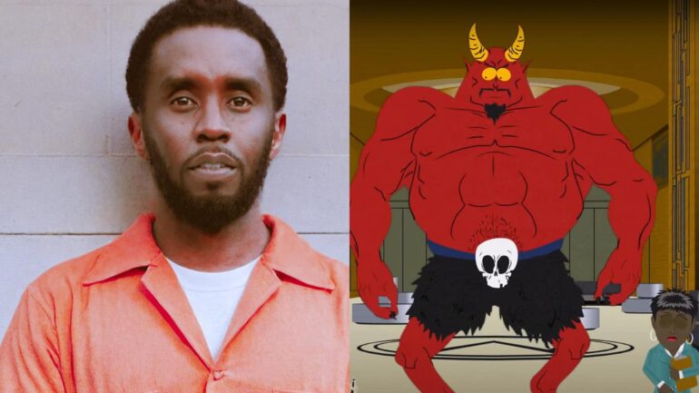 A split image featuring Sean "Diddy" Combs wearing an orange prison jumpsuit on one side, and a cartoon depiction of Satan from South Park on the other, with bold text reading "Predicted? South Park Mocked Diddy in 2006, But Was It a Warning?"