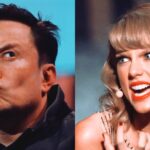 Side-by-side image of Elon Musk making a quirky face and Taylor Swift looking angry during a performance, representing their ongoing social media drama.