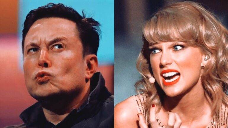 Side-by-side image of Elon Musk making a quirky face and Taylor Swift looking angry during a performance, representing their ongoing social media drama.