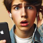 A surprised young man wearing earphones and holding an Apple iPhone, illustrating a reaction to the superior audio quality of Apple Music compared to Spotify.