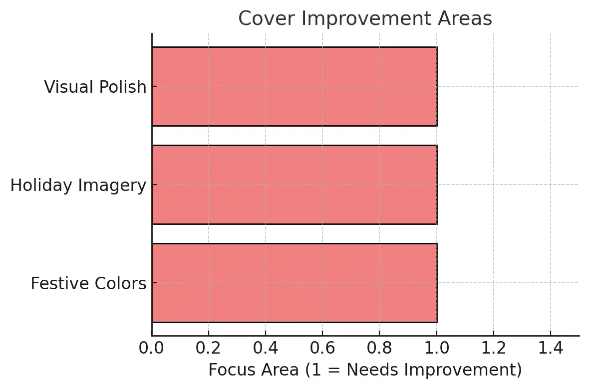 Bar chart showing cover improvement areas for "The Cowbell Song (Merry Christmas)," highlighting needs for visual polish, holiday imagery, and festive colors.