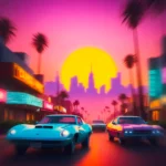 A vibrant retro-inspired street scene at sunset featuring classic cars driving down a neon-lit boulevard lined with palm trees and glowing storefronts.