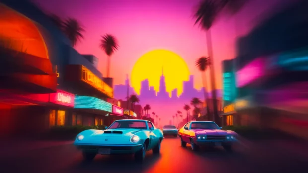 A vibrant retro-inspired street scene at sunset featuring classic cars driving down a neon-lit boulevard lined with palm trees and glowing storefronts.