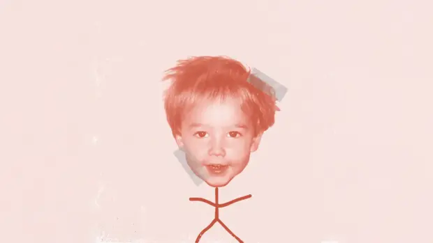 Album cover for Holseek’s ‘Don’t Be Afraid,’ featuring a child’s face on a stick figure with soft red tones.