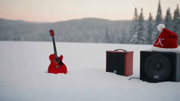 Red guitar and speaker with a Santa hat labeled "JK" on snow, set against a snowy forest background, promoting "The Cowbell Song (Merry Christmas).