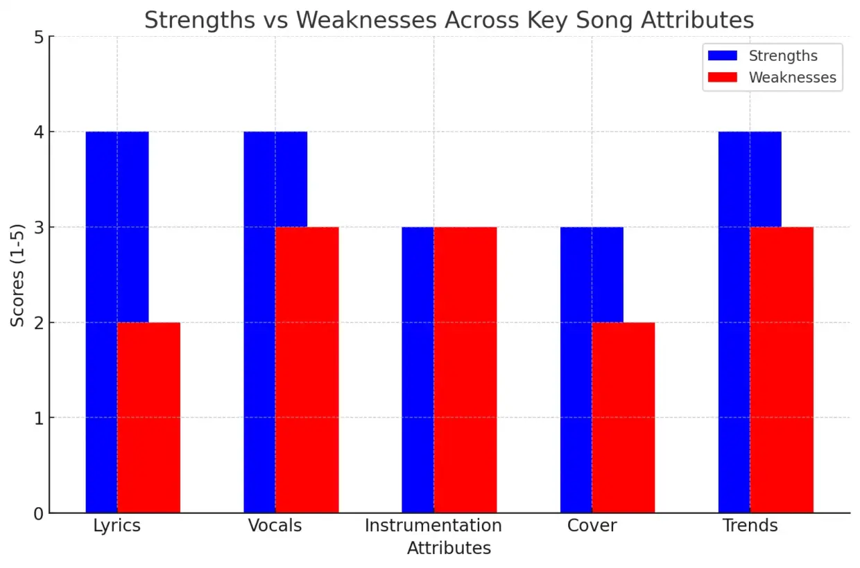 Bar chart showing strengths and weaknesses across song attributes like lyrics, vocals, instrumentation, cover, and trends with blue representing strengths and red showing weaknesses.
Title: Strengths vs Weaknesses Across Song Attributes