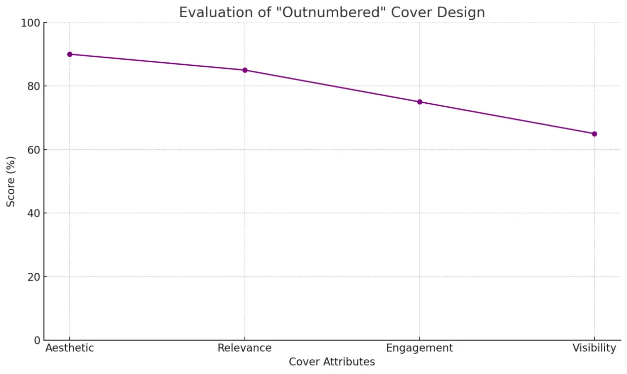 Line chart showing evaluation scores of Yugen Blakrok's 'Outnumbered' cover design across four attributes: aesthetic, relevance, engagement, and visibility.